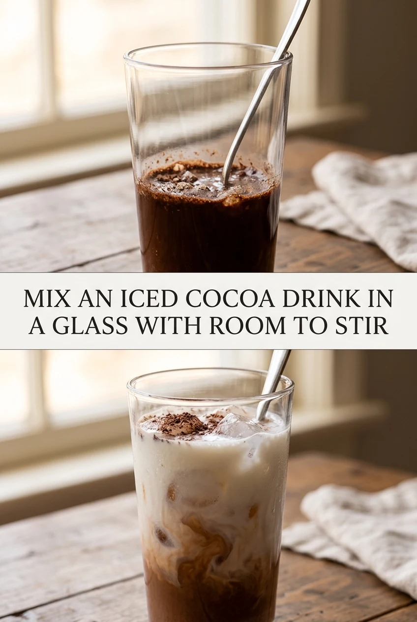 Mix an Iced Cocoa Drink in a Glass with Room to Stir — AI-generated editorial illustration