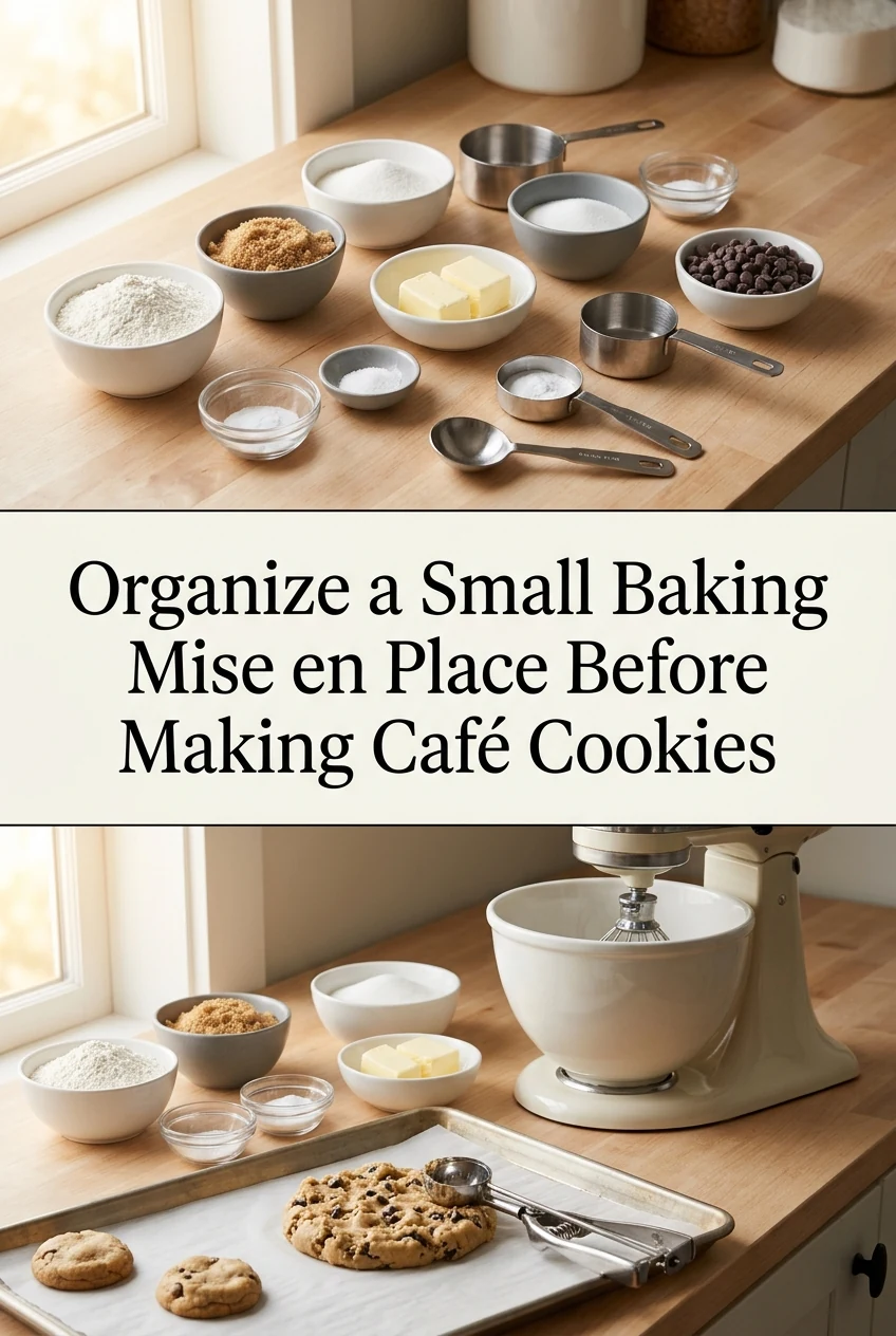 Organize a Small Baking Mise en Place Before Making Café Cookies — AI-generated editorial illustration
