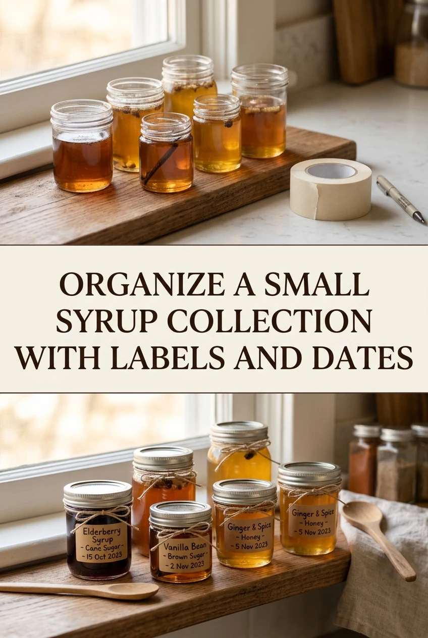 Organize a Small Syrup Collection With Labels and Dates — AI-generated editorial illustration