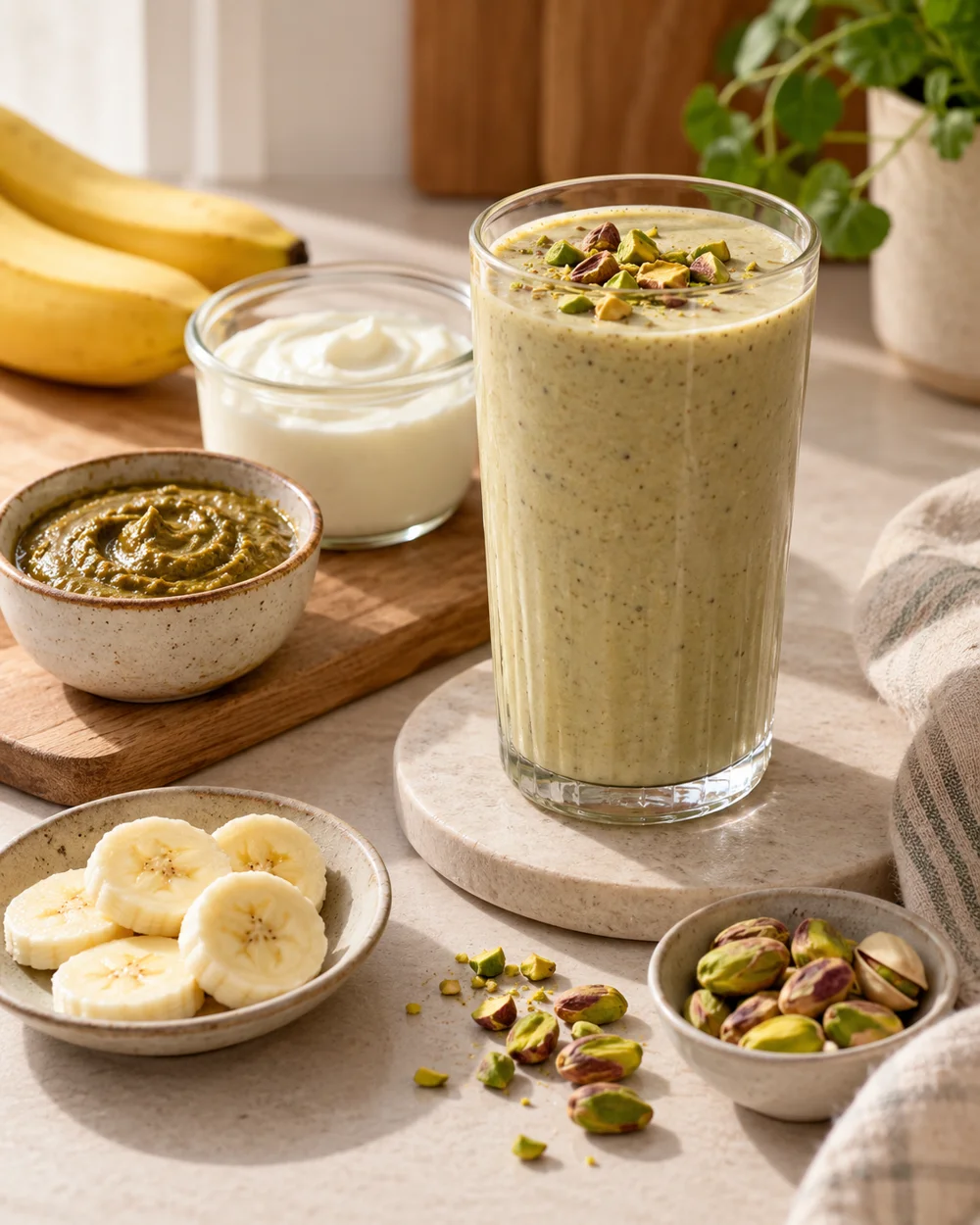 Pistachio Banana Yogurt Drink — AI-generated editorial illustration