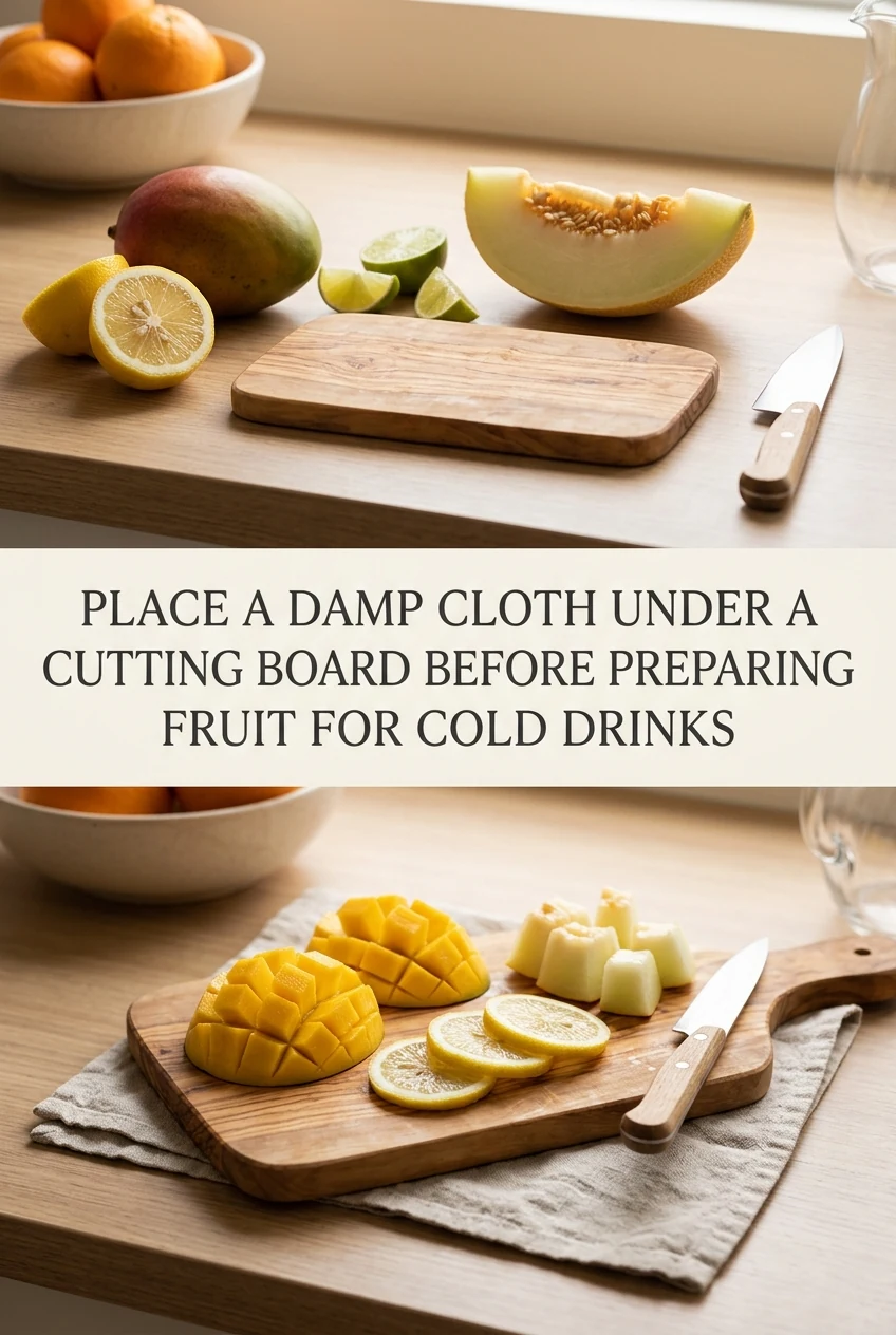 Place a Damp Cloth Under a Cutting Board Before Preparing Fruit for Cold Drinks — AI-generated editorial illustration