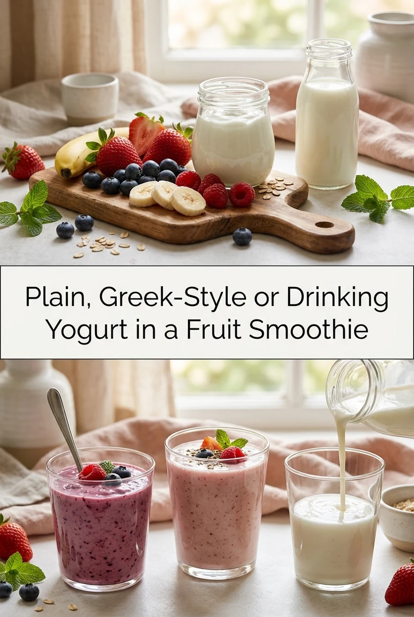 Plain, Greek-Style or Drinking Yogurt in a Fruit Smoothie — AI-generated editorial illustration