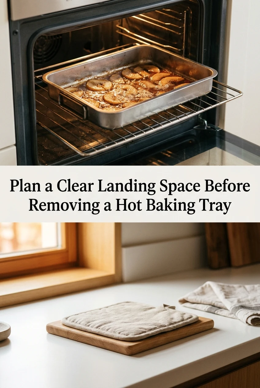 Plan a Clear Landing Space Before Removing a Hot Baking Tray — AI-generated editorial illustration