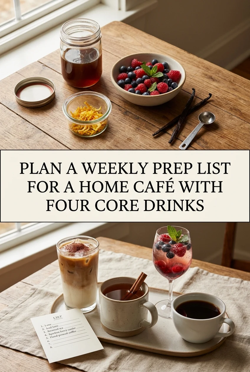 Plan a Weekly Prep List for a Home Café With Four Core Drinks — AI-generated editorial illustration