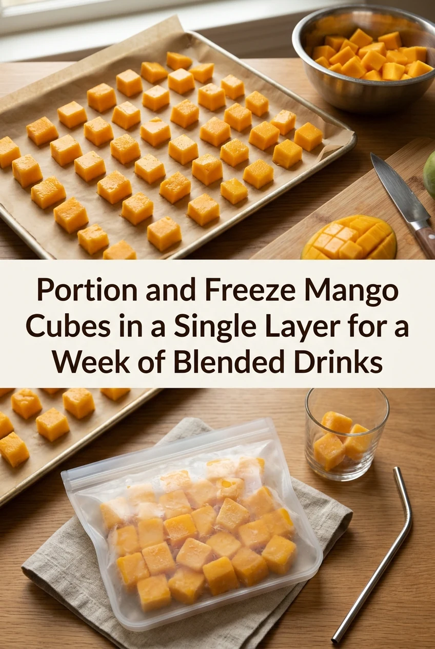 Portion and Freeze Mango Cubes in a Single Layer for a Week of Blended Drinks — AI-generated editorial illustration