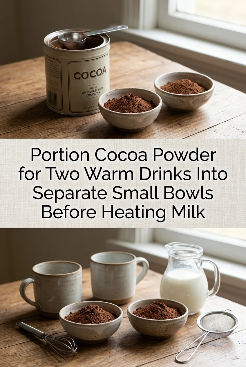 Portion Cocoa Powder for Two Warm Drinks Into Separate Small Bowls Before Heating Milk — AI-generated editorial illustration