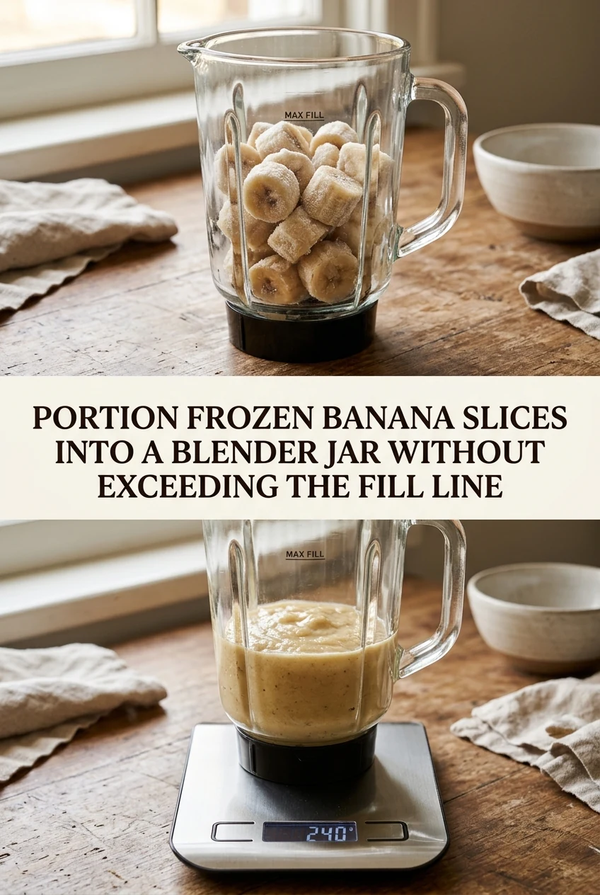 Portion Frozen Banana Slices Into a Blender Jar Without Exceeding the Fill Line — AI-generated editorial illustration