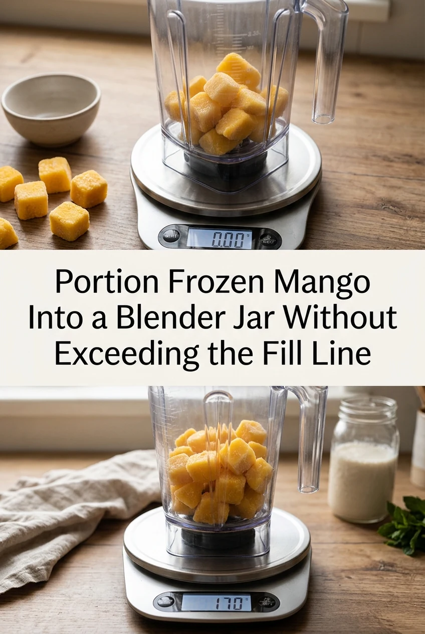 Portion Frozen Mango Into a Blender Jar Without Exceeding the Fill Line — AI-generated editorial illustration