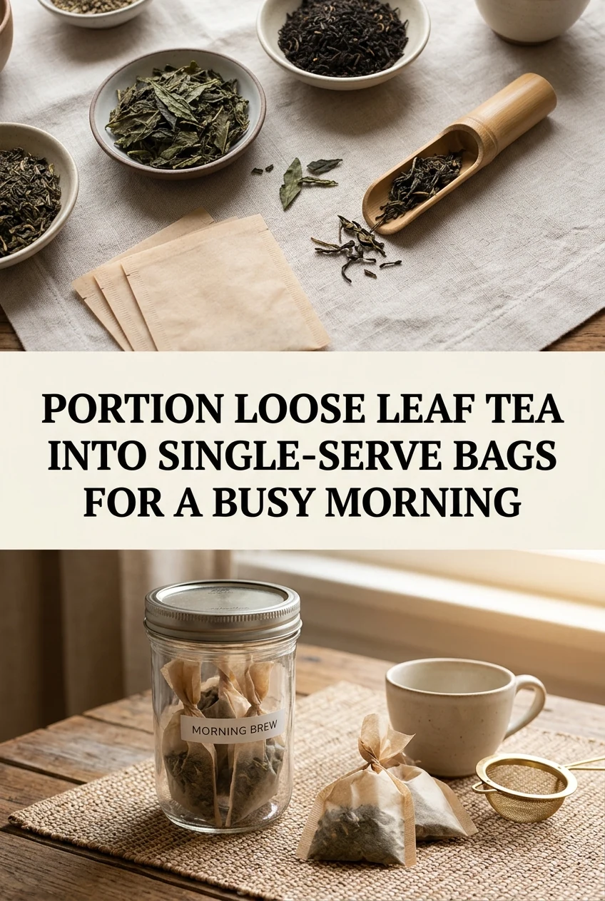 Portion Loose Leaf Tea Into Single-Serve Bags for a Busy Morning — AI-generated editorial illustration