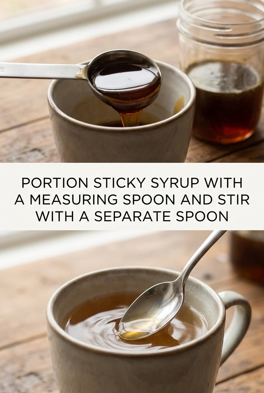 Portion Sticky Syrup with a Measuring Spoon and Stir with a Separate Spoon — AI-generated editorial illustration