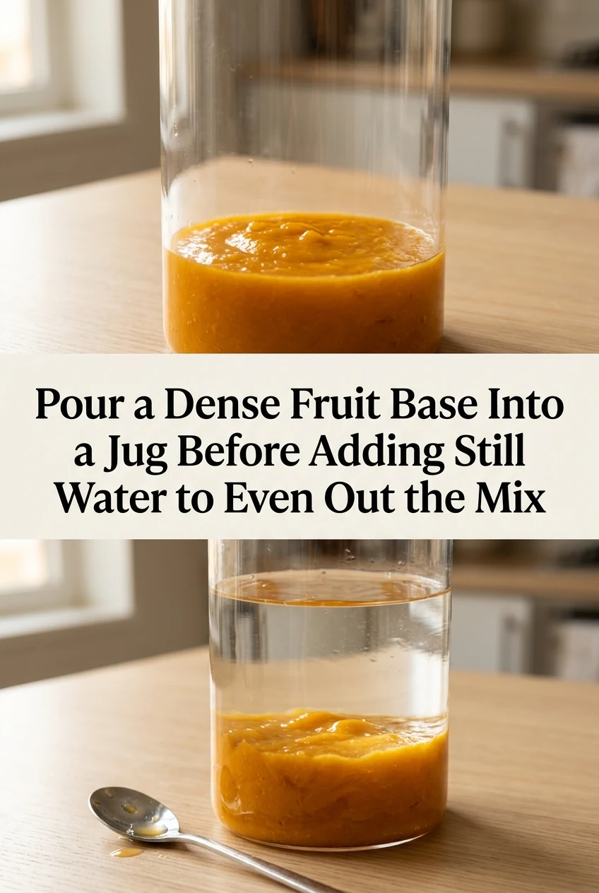 Pour a Dense Fruit Base Into a Jug Before Adding Still Water to Even Out the Mix — AI-generated editorial illustration