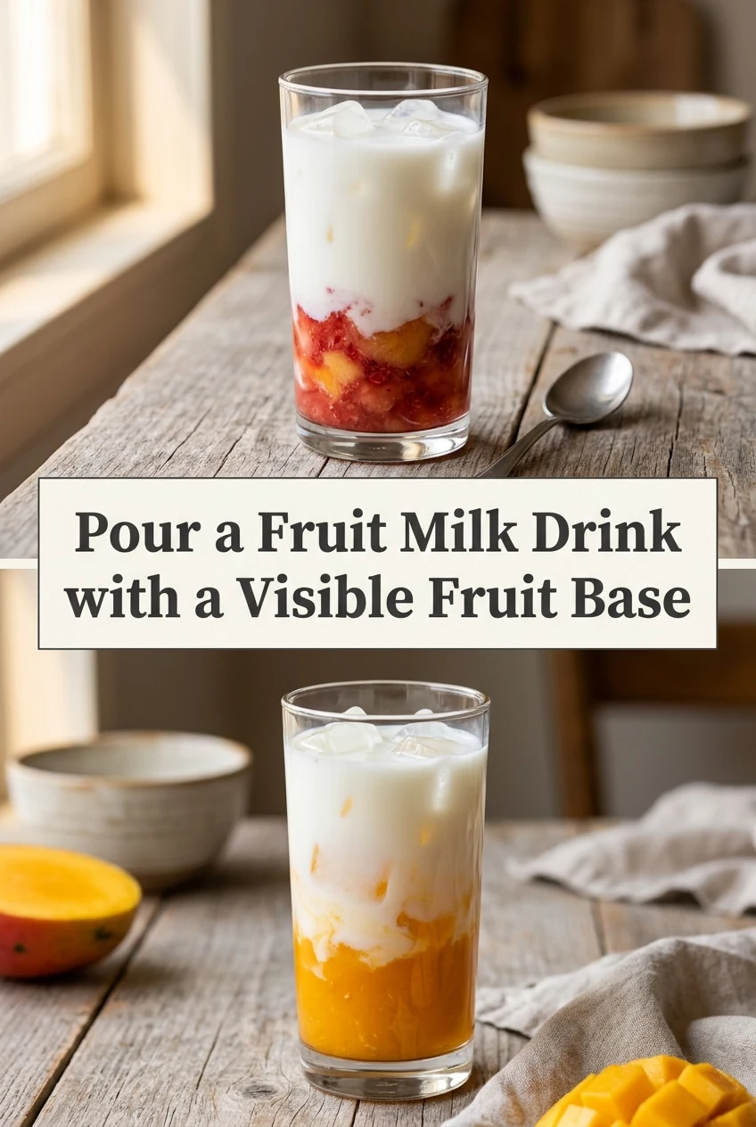 Pour a Fruit Milk Drink with a Visible Fruit Base — AI-generated editorial illustration