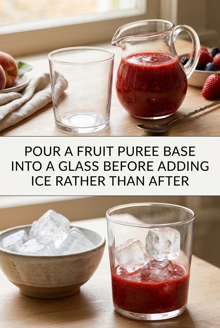 Pour a Fruit Puree Base Into a Glass Before Adding Ice Rather Than After — AI-generated editorial illustration