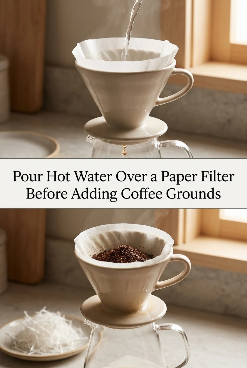 Pour Hot Water Over a Paper Filter Before Adding Coffee Grounds — AI-generated editorial illustration