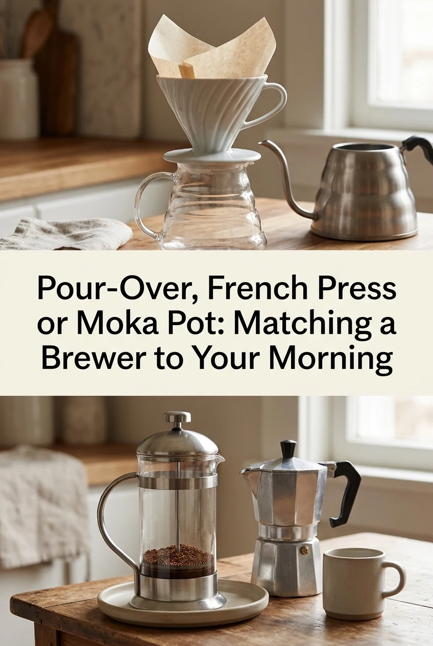 Pour-Over, French Press or Moka Pot: Matching a Brewer to Your Morning — AI-generated editorial illustration