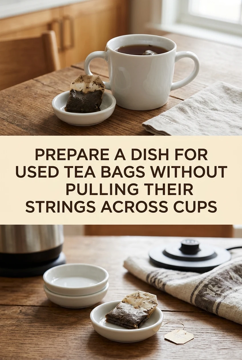 Prepare a Dish for Used Tea Bags Without Pulling Their Strings Across Cups — AI-generated editorial illustration