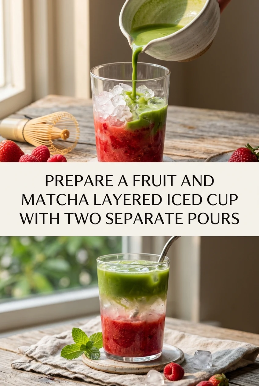 Prepare a Fruit and Matcha Layered Iced Cup With Two Separate Pours — AI-generated editorial illustration
