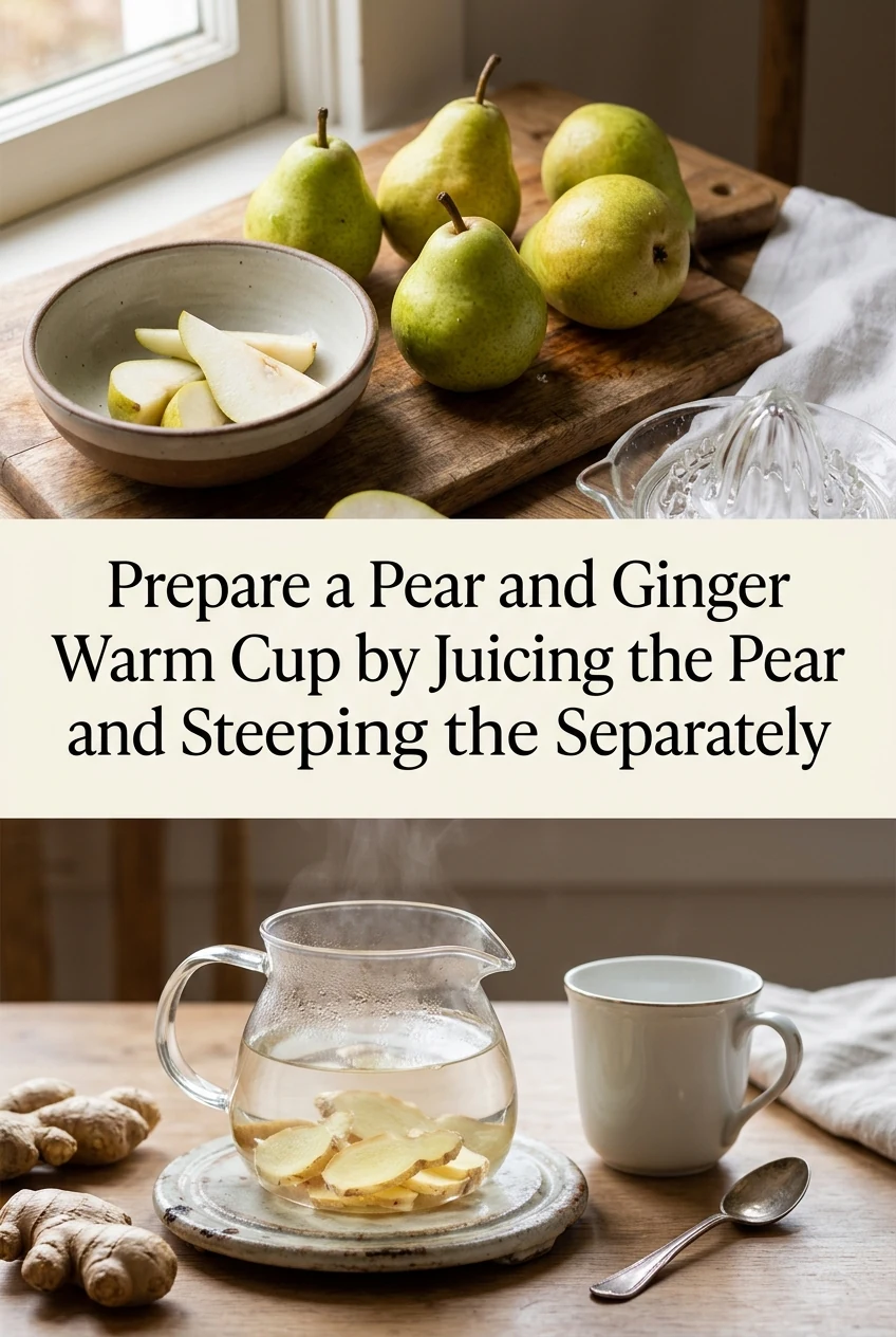 Prepare a Pear and Ginger Warm Cup by Juicing the Pear and Steeping the Ginger Separately — AI-generated editorial illustration