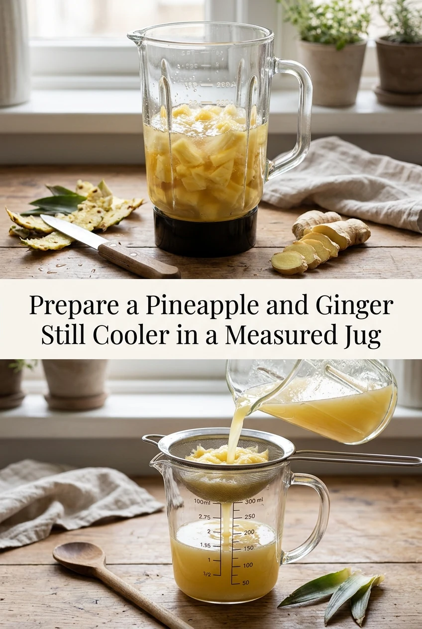 Prepare a Pineapple and Ginger Still Cooler in a Measured Jug — AI-generated editorial illustration