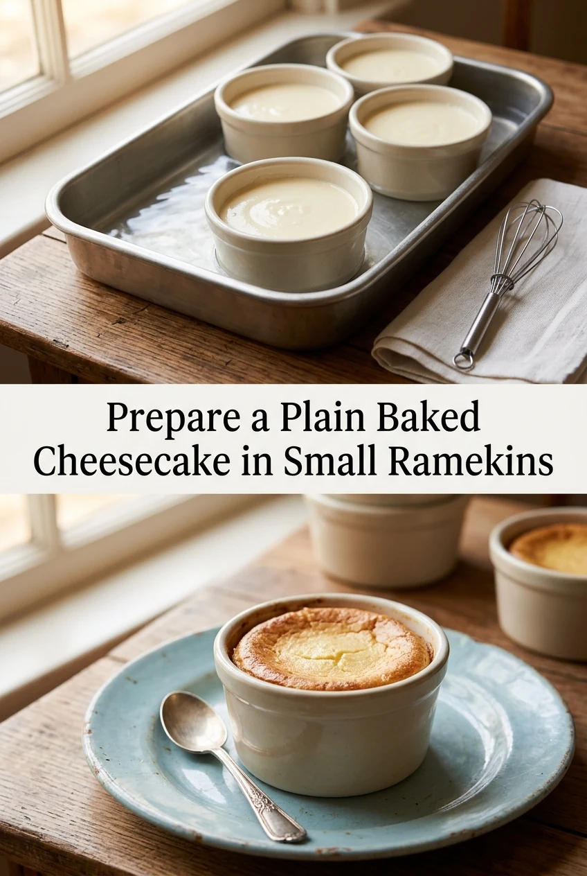Prepare a Plain Baked Cheesecake in Small Ramekins — AI-generated editorial illustration