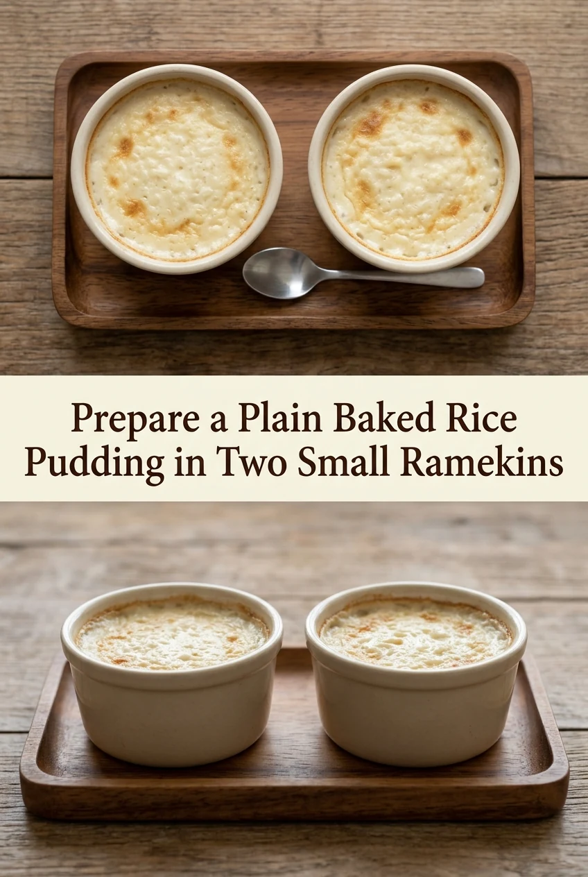 Prepare a Plain Baked Rice Pudding in Two Small Ramekins — AI-generated editorial illustration