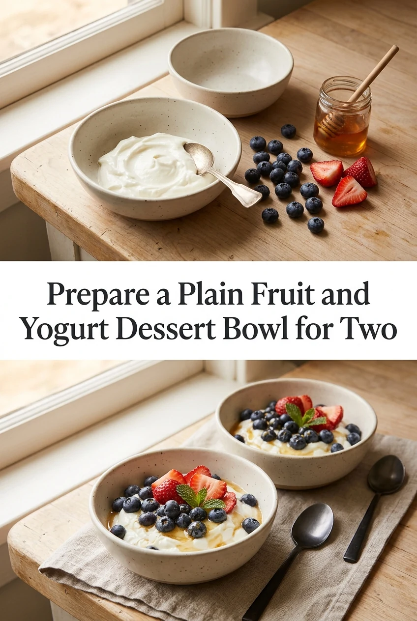 Prepare a Plain Fruit and Yogurt Dessert Bowl for Two — AI-generated editorial illustration
