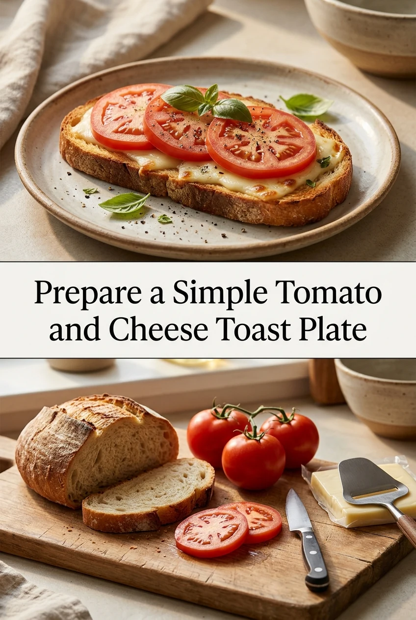 Prepare a Simple Tomato and Cheese Toast Plate — AI-generated editorial illustration