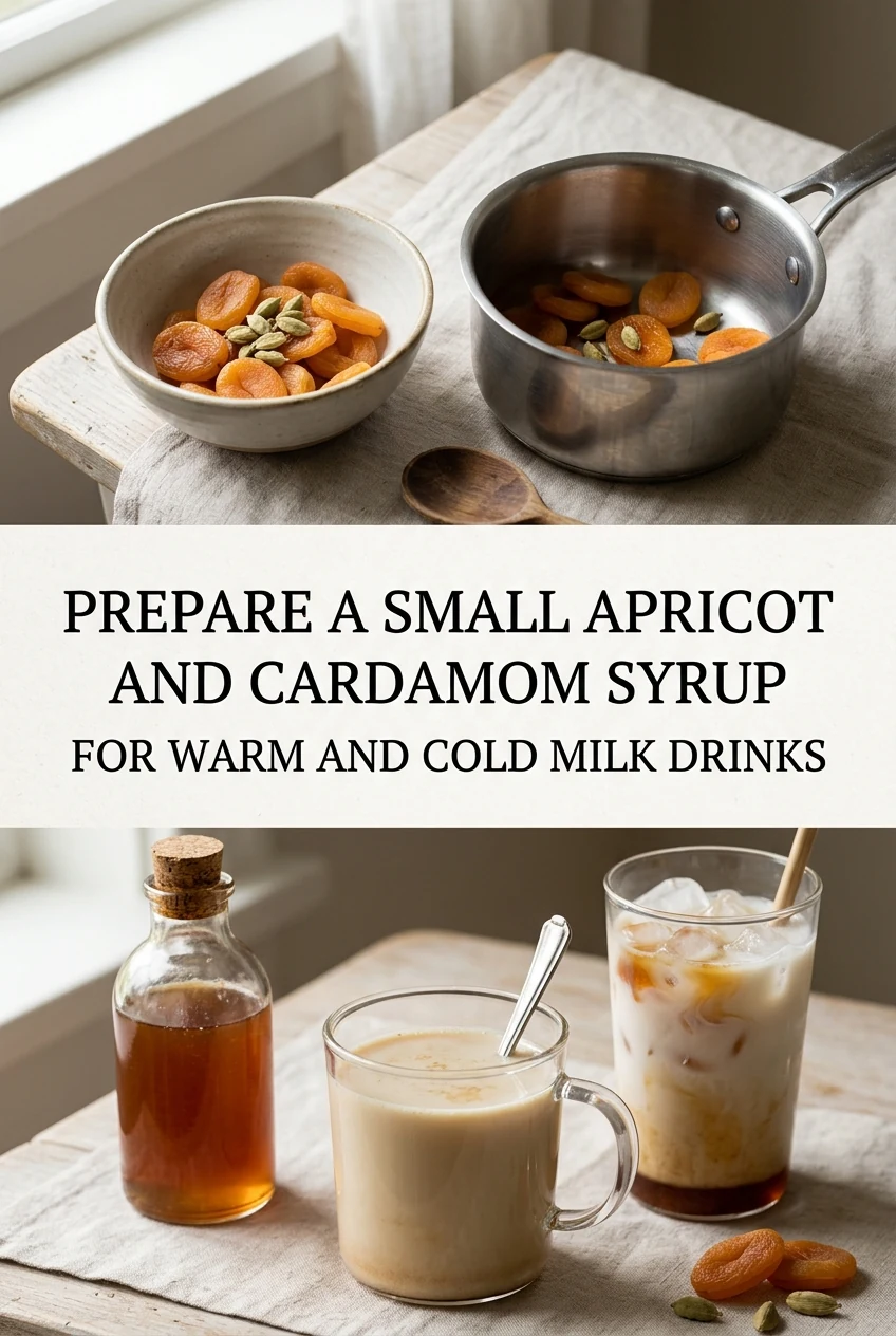 Prepare a Small Apricot and Cardamom Syrup for Warm and Cold Milk Drinks — AI-generated editorial illustration