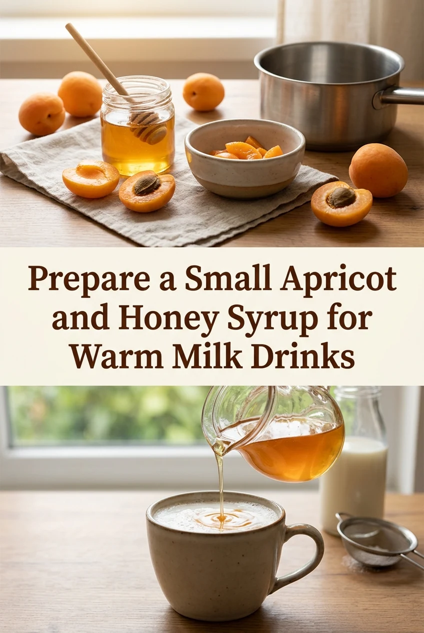 Prepare a Small Apricot and Honey Syrup for Warm Milk Drinks — AI-generated editorial illustration