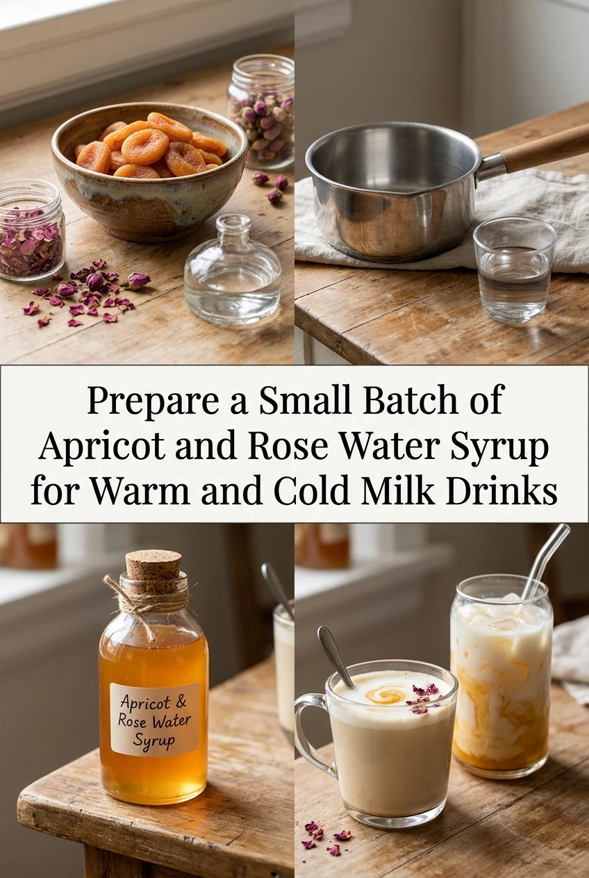 Prepare a Small Batch of Apricot and Rose Water Syrup for Warm and Cold Milk Drinks — AI-generated editorial illustration