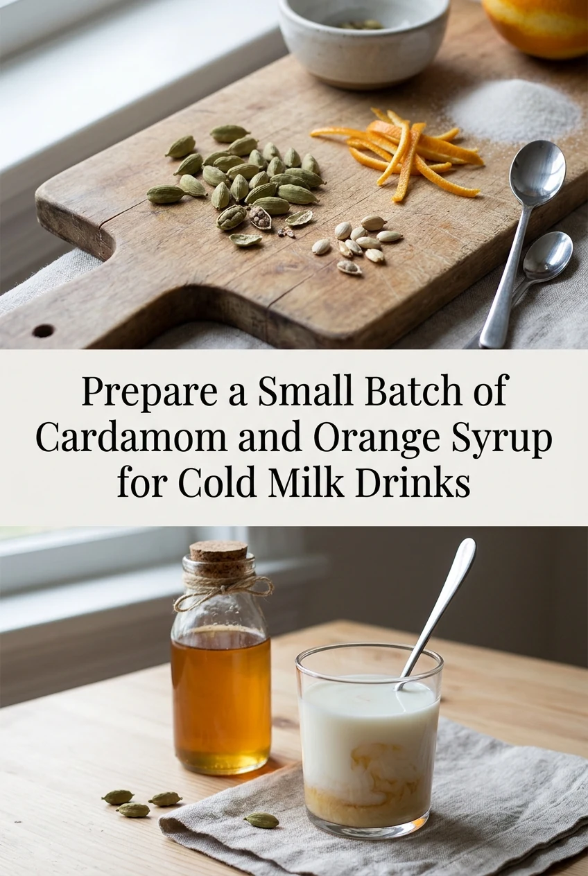 Prepare a Small Batch of Cardamom and Orange Syrup for Cold Milk Drinks — AI-generated editorial illustration