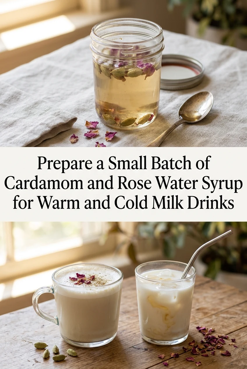 Prepare a Small Batch of Cardamom and Rose Water Syrup for Warm and Cold Milk Drinks — AI-generated editorial illustration