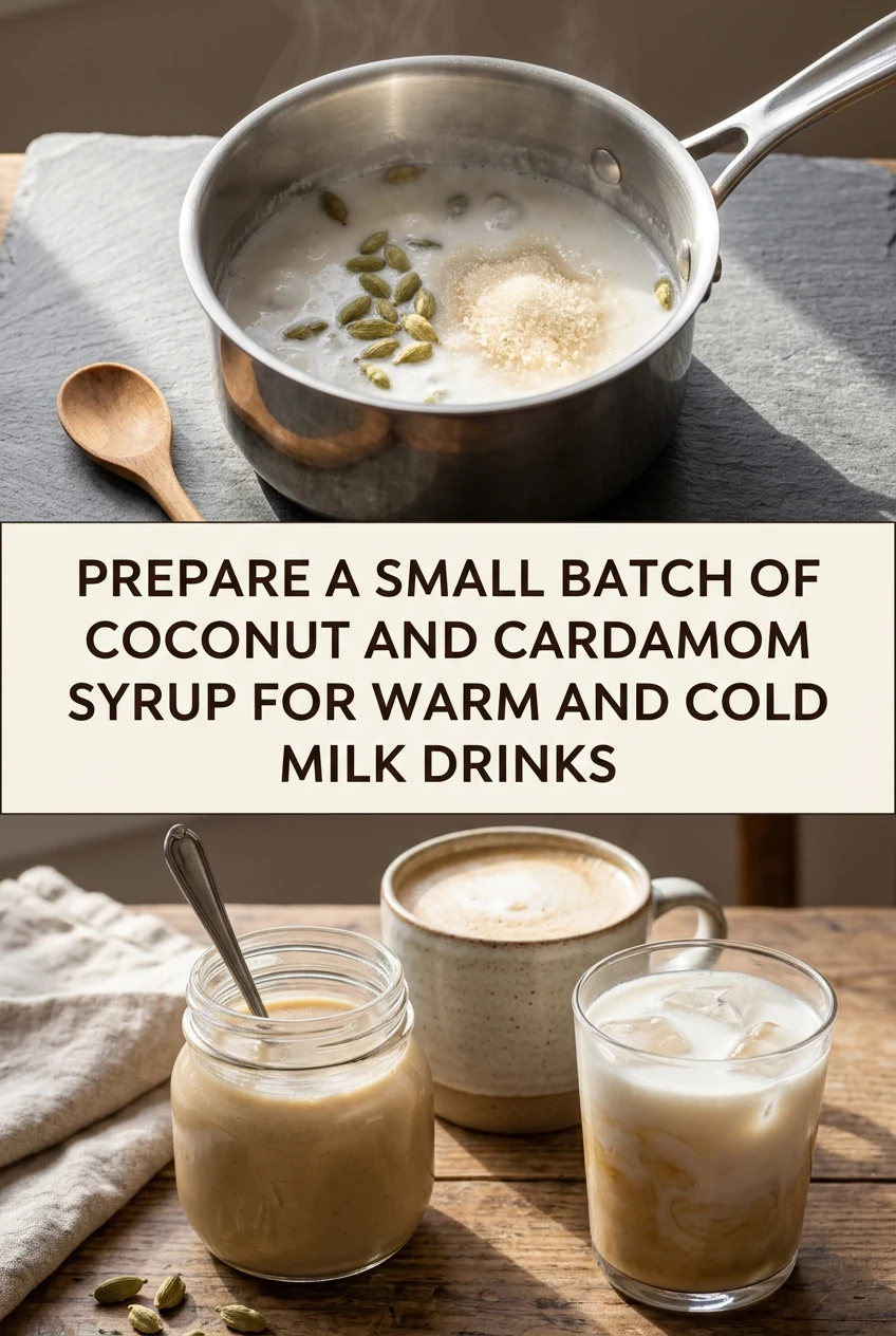 Prepare a Small Batch of Coconut and Cardamom Syrup for Warm and Cold Milk Drinks — AI-generated editorial illustration