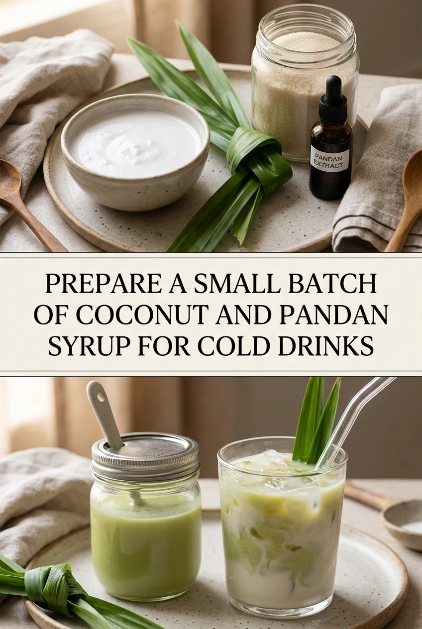 Prepare a Small Batch of Coconut and Pandan Syrup for Cold Drinks — AI-generated editorial illustration