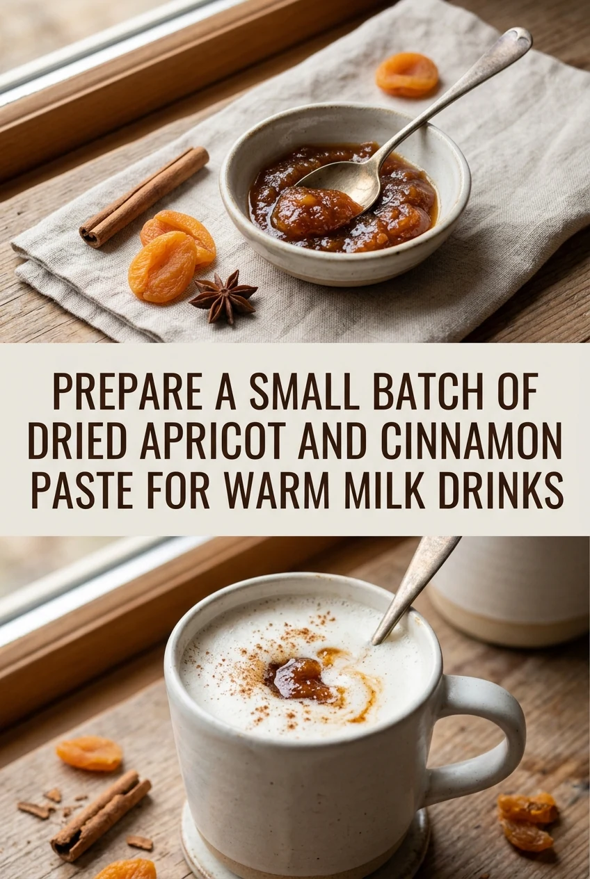 Prepare a Small Batch of Dried Apricot and Cinnamon Paste for Warm Milk Drinks — AI-generated editorial illustration