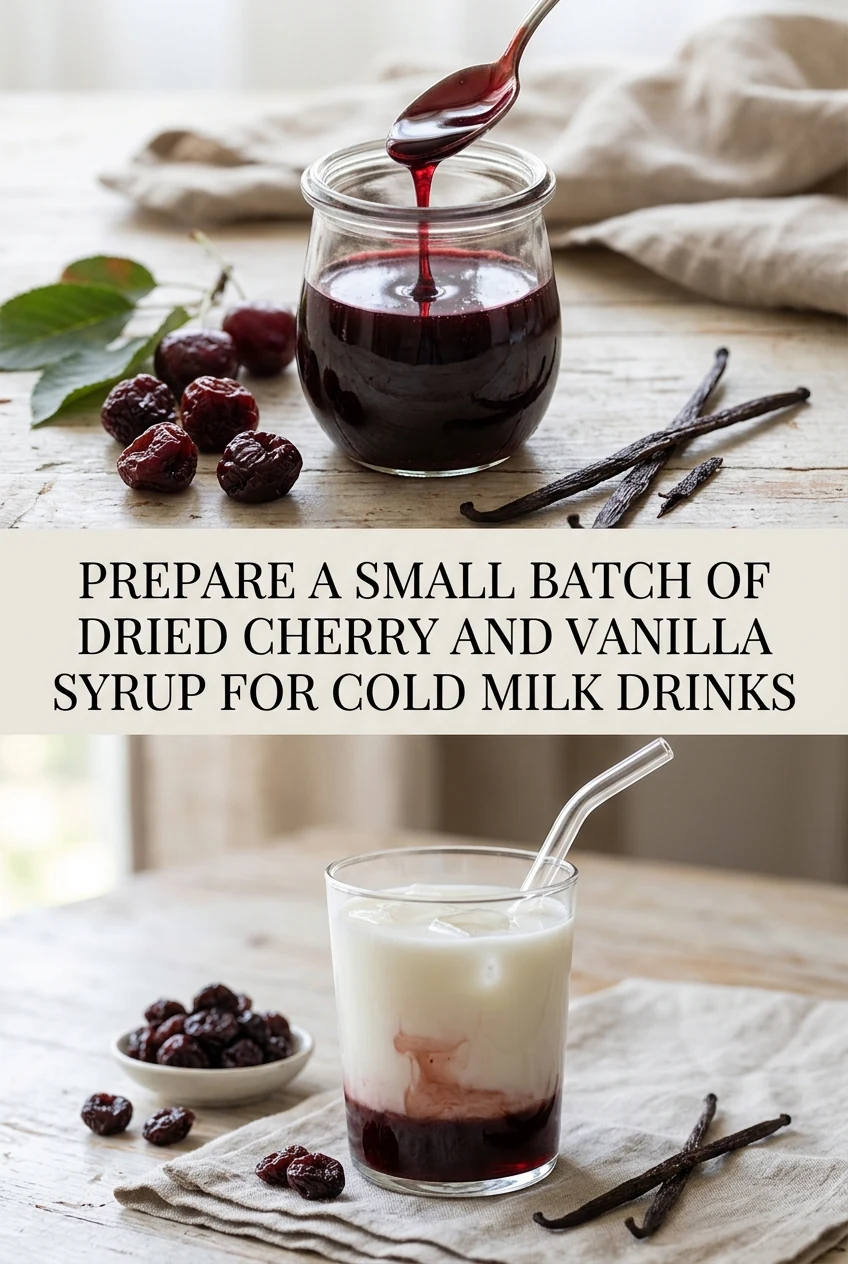 Prepare a Small Batch of Dried Cherry and Vanilla Syrup for Cold Milk Drinks — AI-generated editorial illustration
