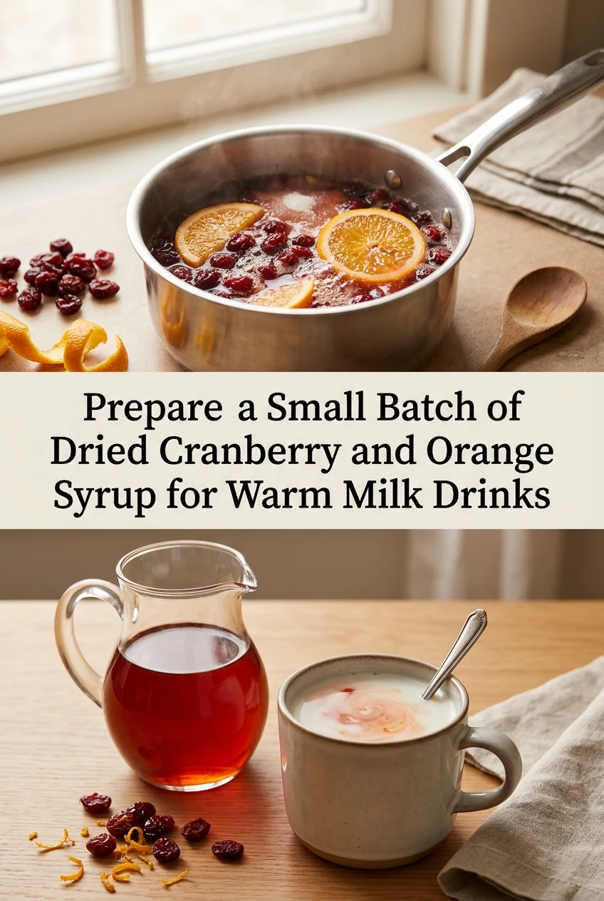 Prepare a Small Batch of Dried Cranberry and Orange Syrup for Warm Milk Drinks — AI-generated editorial illustration
