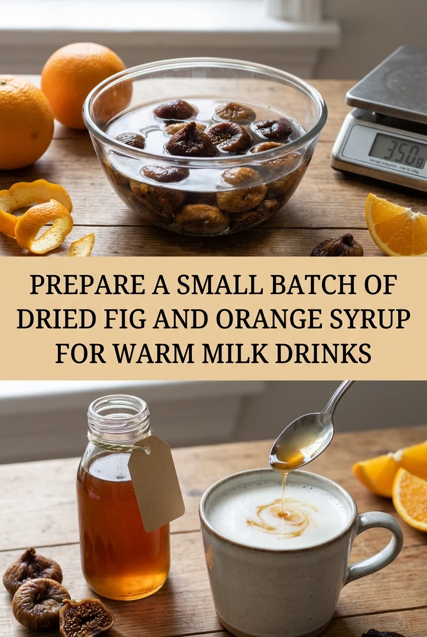 Prepare a Small Batch of Dried Fig and Orange Syrup for Warm Milk Drinks — AI-generated editorial illustration
