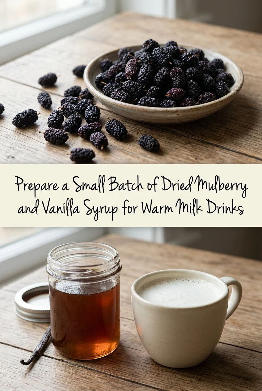 Prepare a Small Batch of Dried Mulberry and Vanilla Syrup for Warm Milk Drinks — AI-generated editorial illustration