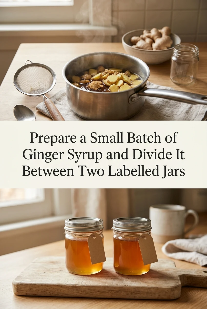 Prepare a Small Batch of Ginger Syrup and Divide It Between Two Labelled Jars — AI-generated editorial illustration