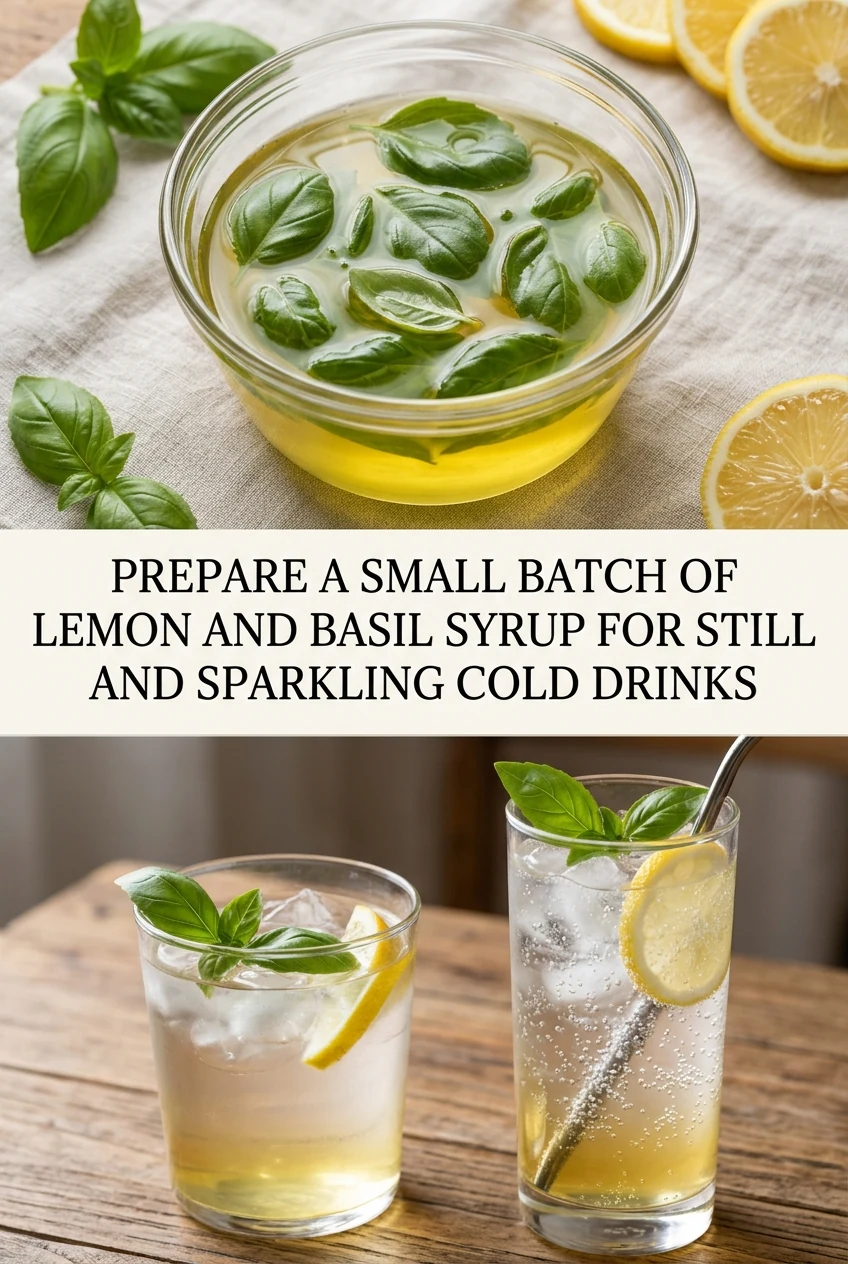 Prepare a Small Batch of Lemon and Basil Syrup for Still and Sparkling Cold Drinks — AI-generated editorial illustration