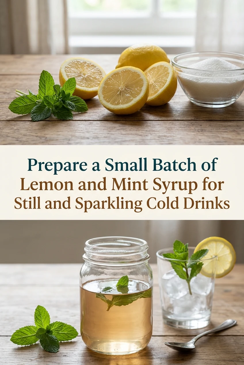 Prepare a Small Batch of Lemon and Mint Syrup for Still and Sparkling Cold Drinks — AI-generated editorial illustration