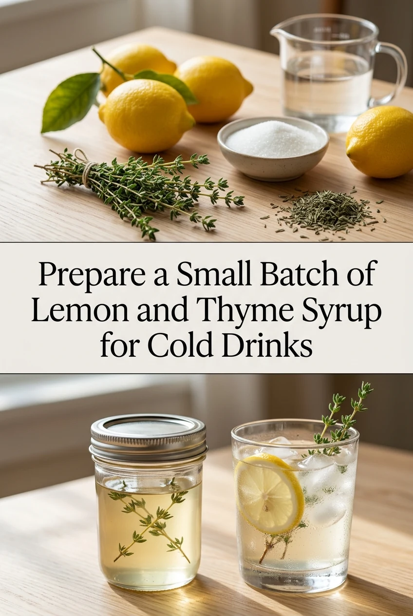 Prepare a Small Batch of Lemon and Thyme Syrup for Cold Drinks — AI-generated editorial illustration