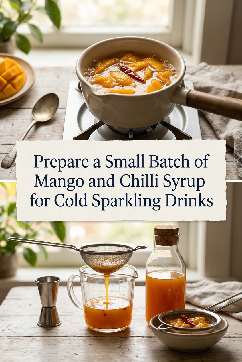 Prepare a Small Batch of Mango and Chilli Syrup for Cold Sparkling Drinks — AI-generated editorial illustration