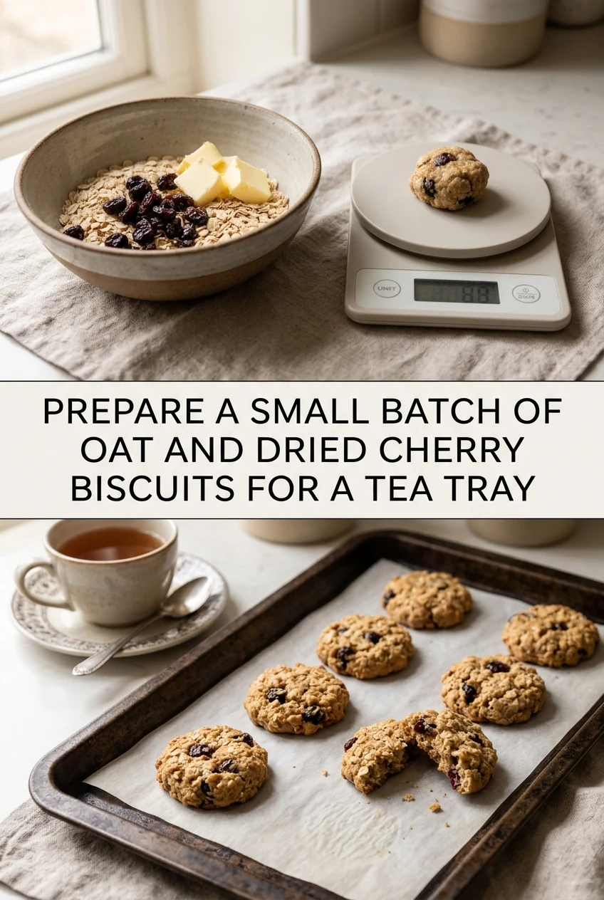 Prepare a Small Batch of Oat and Dried Cherry Biscuits for a Tea Tray — AI-generated editorial illustration