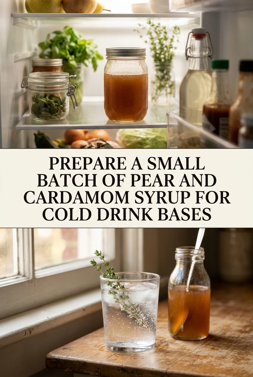 Prepare a Small Batch of Pear and Cardamom Syrup for Cold Drink Bases — AI-generated editorial illustration
