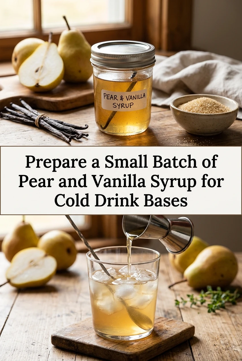 Prepare a Small Batch of Pear and Vanilla Syrup for Cold Drink Bases — AI-generated editorial illustration