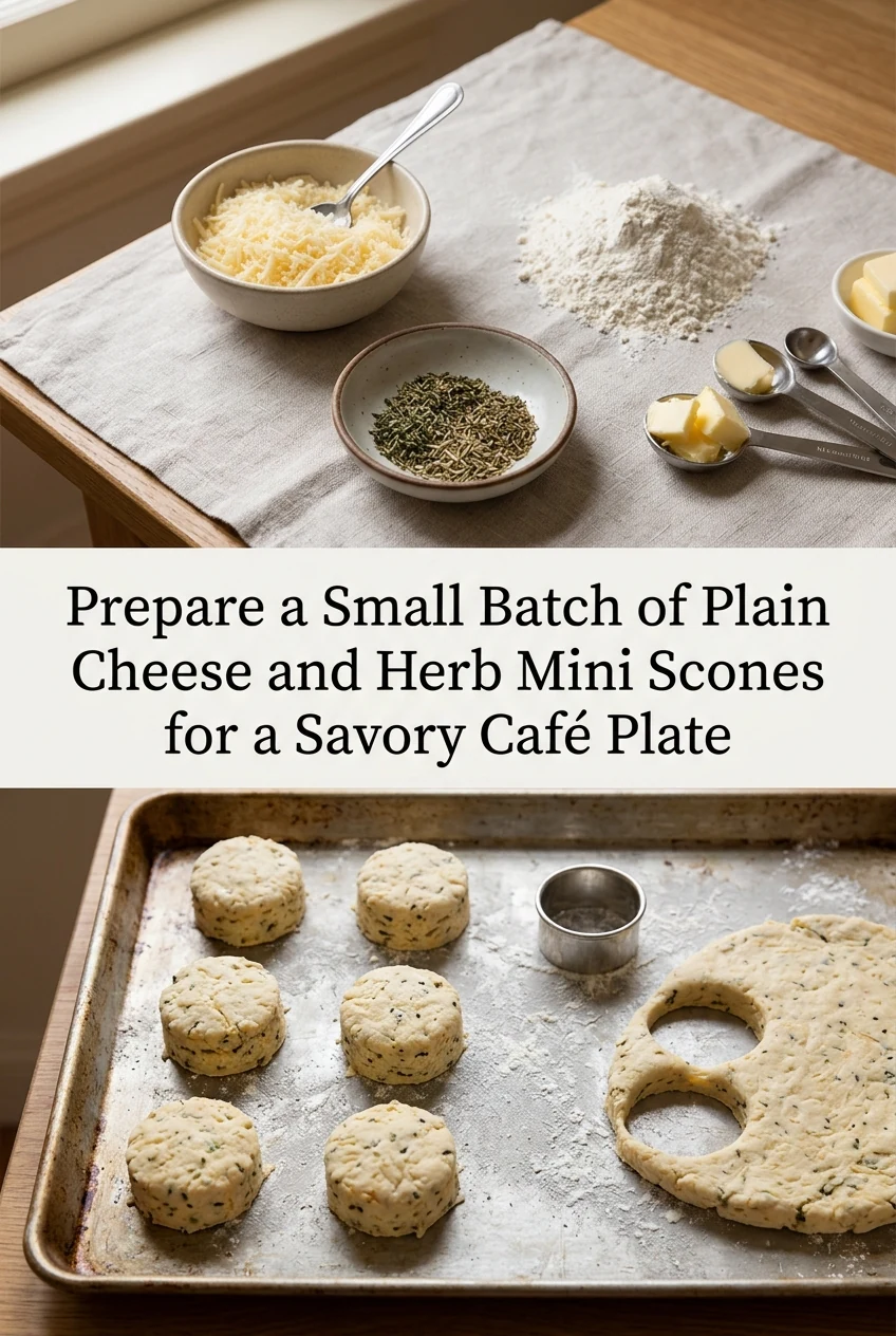 Prepare a Small Batch of Plain Cheese and Herb Mini Scones for a Savory Café Plate — AI-generated editorial illustration