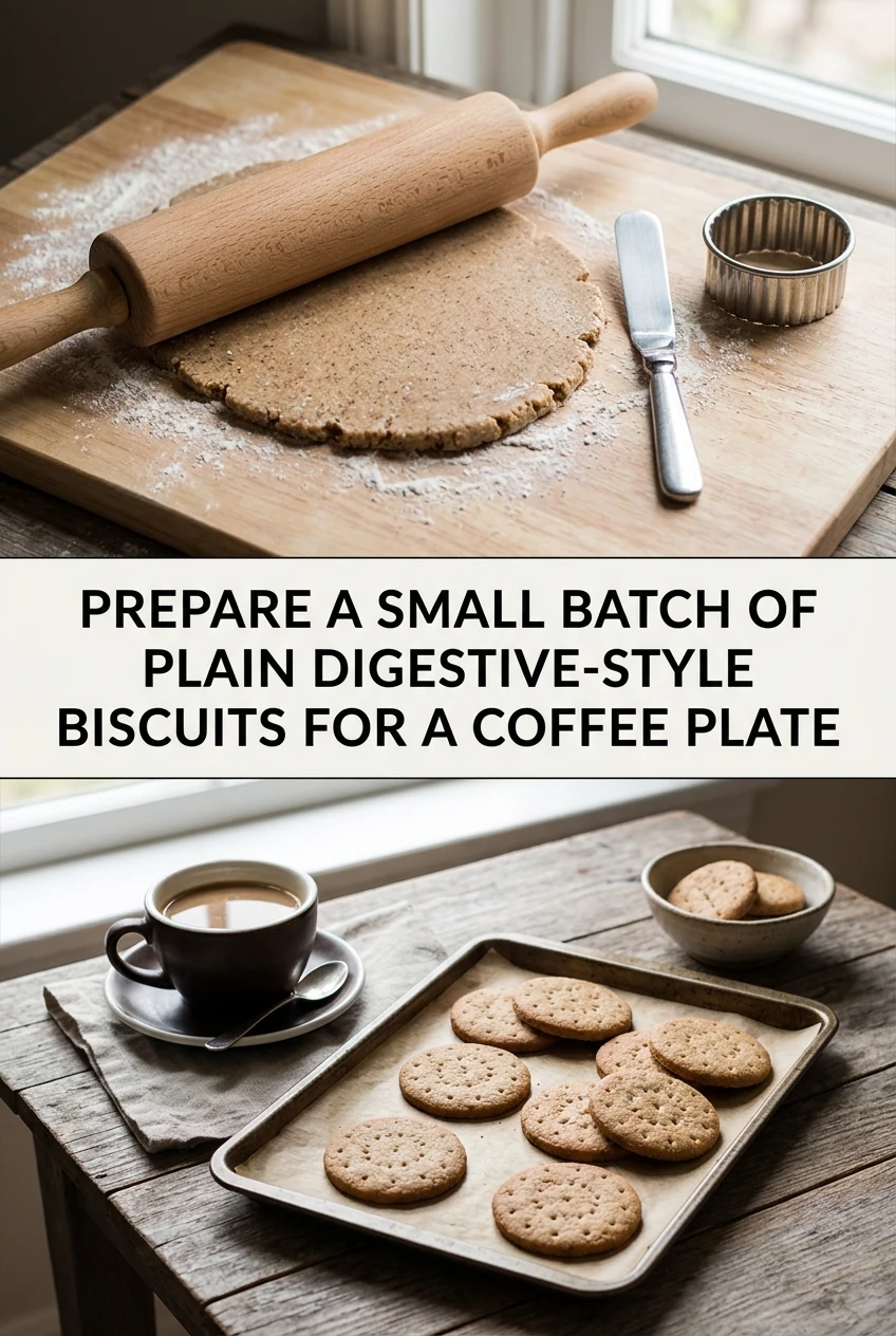 Prepare a Small Batch of Plain Digestive-Style Biscuits for a Coffee Plate — AI-generated editorial illustration