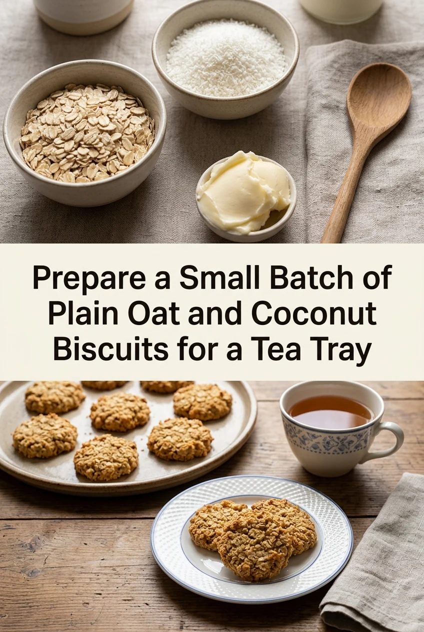Prepare a Small Batch of Plain Oat and Coconut Biscuits for a Tea Tray — AI-generated editorial illustration